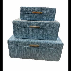 3 BLUE GOLD TEXTURED WOVEN HAND CRAFTED DECOR STORAGE BOXES HEAVY STACKABLE NEW